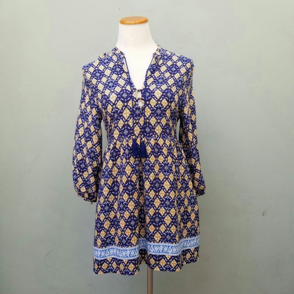 Forever 21 Tunic Dress Small Blue Printed Boho Mini Fairy Peasant